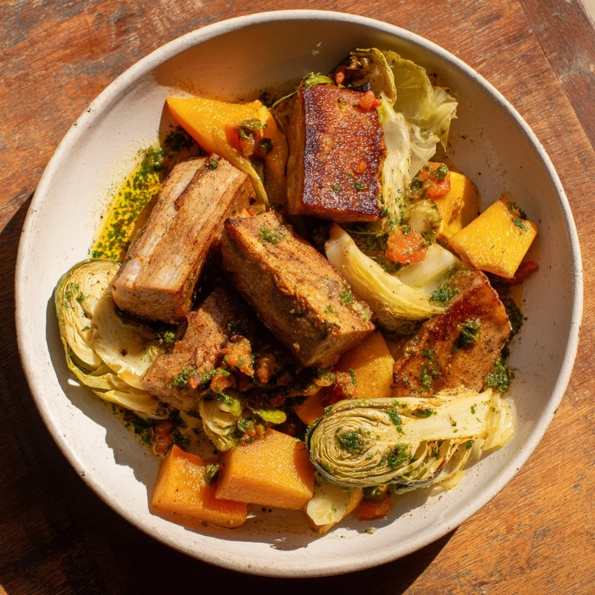 Hearty sheet pan sausage and autumn veggie medley, sizzling from the oven, offering a warm and savory aroma.