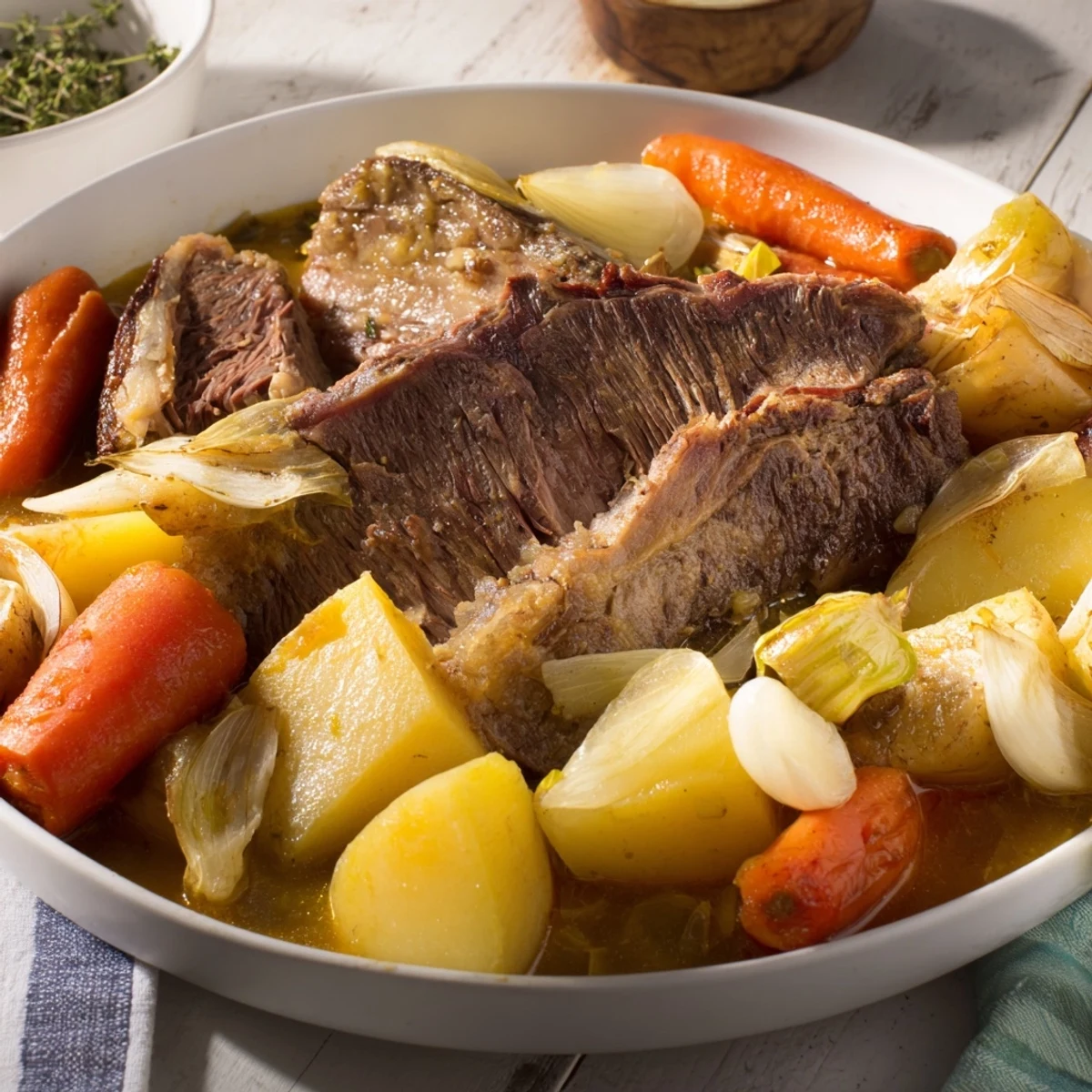 Tender slow-roasted beef pot roast with carrots, onions, and potatoes, a hearty family meal.