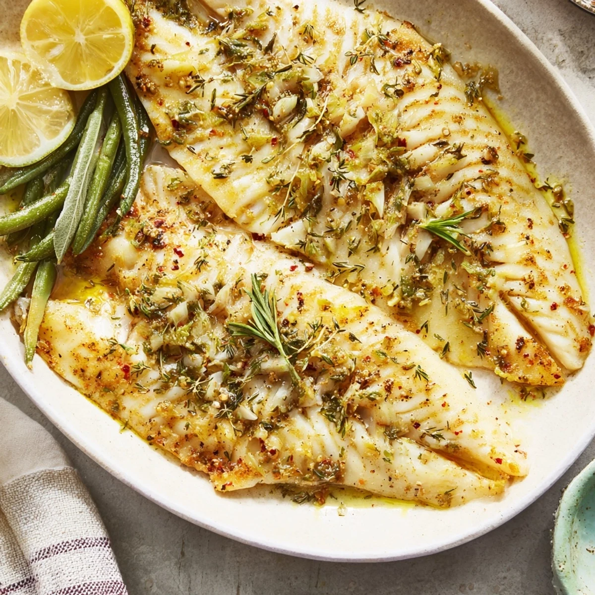Zesty Sheet Pan Lemon Herb Tilapia and Green Beans, perfectly roasted with vibrant green beans alongside the flaky fish.