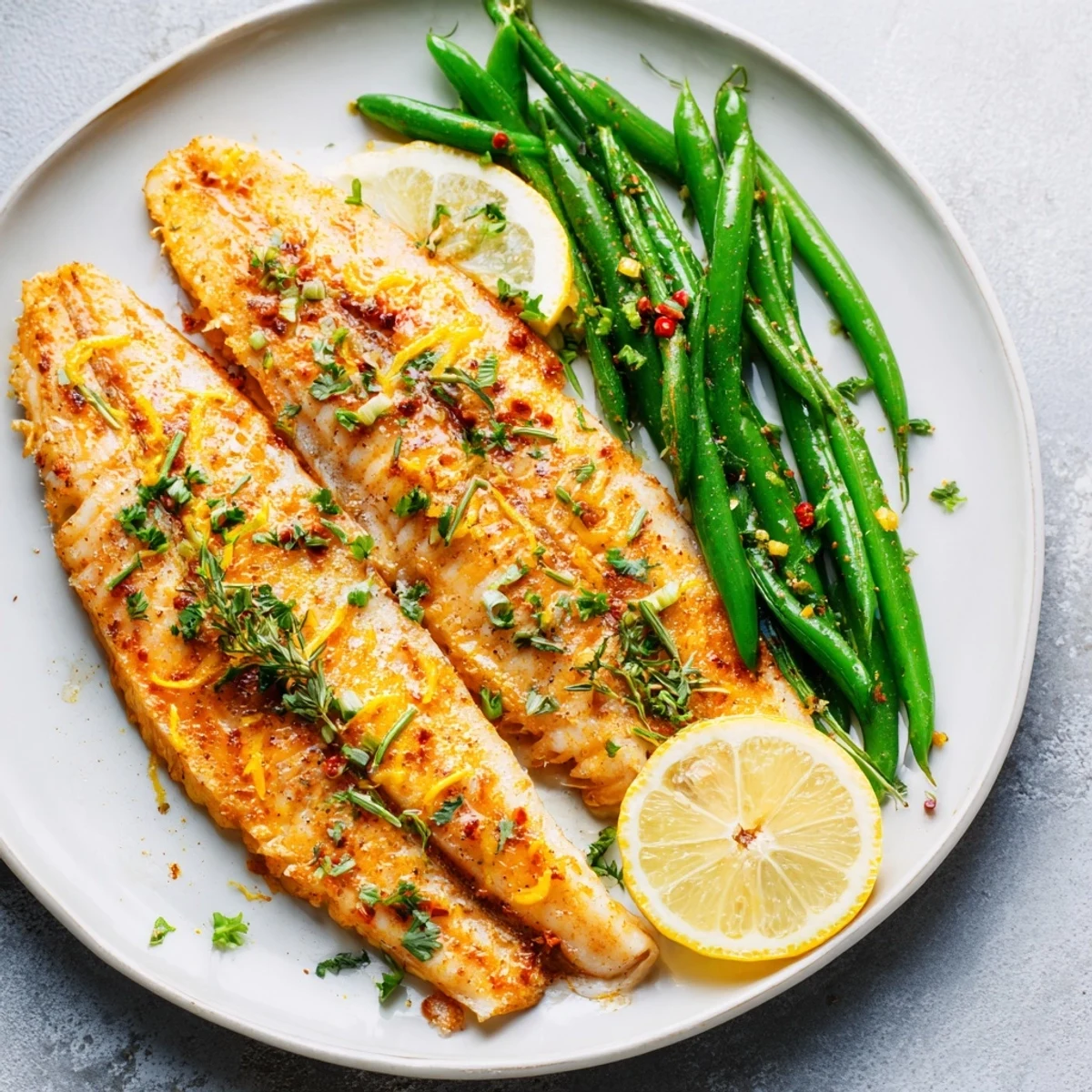 Delicious, healthy dinner: Sheet Pan Lemon Herb Tilapia and Green Beans, served with fresh parsley and lemon wedges.
