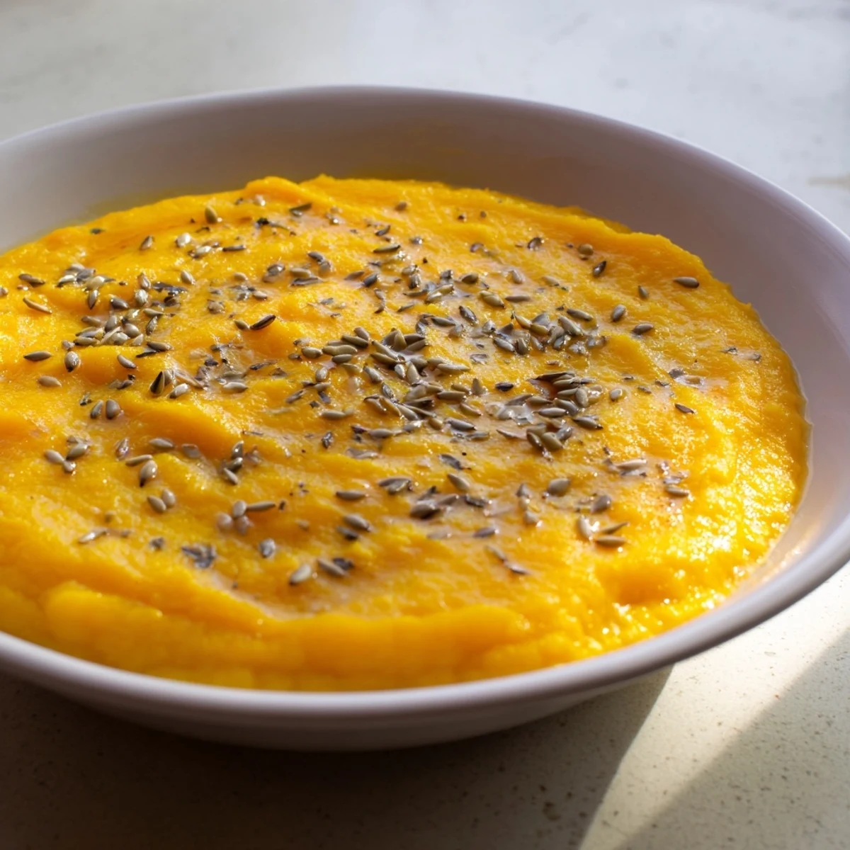Steaming bowl of creamy roasted pumpkin soup, topped with crunchy toasted pumpkin seeds.