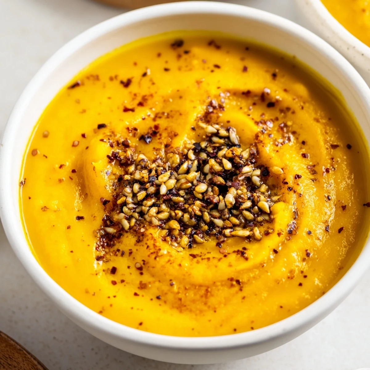 Enjoy a smooth, rich creamy roasted pumpkin soup, garnished with flavorful toasted seeds.