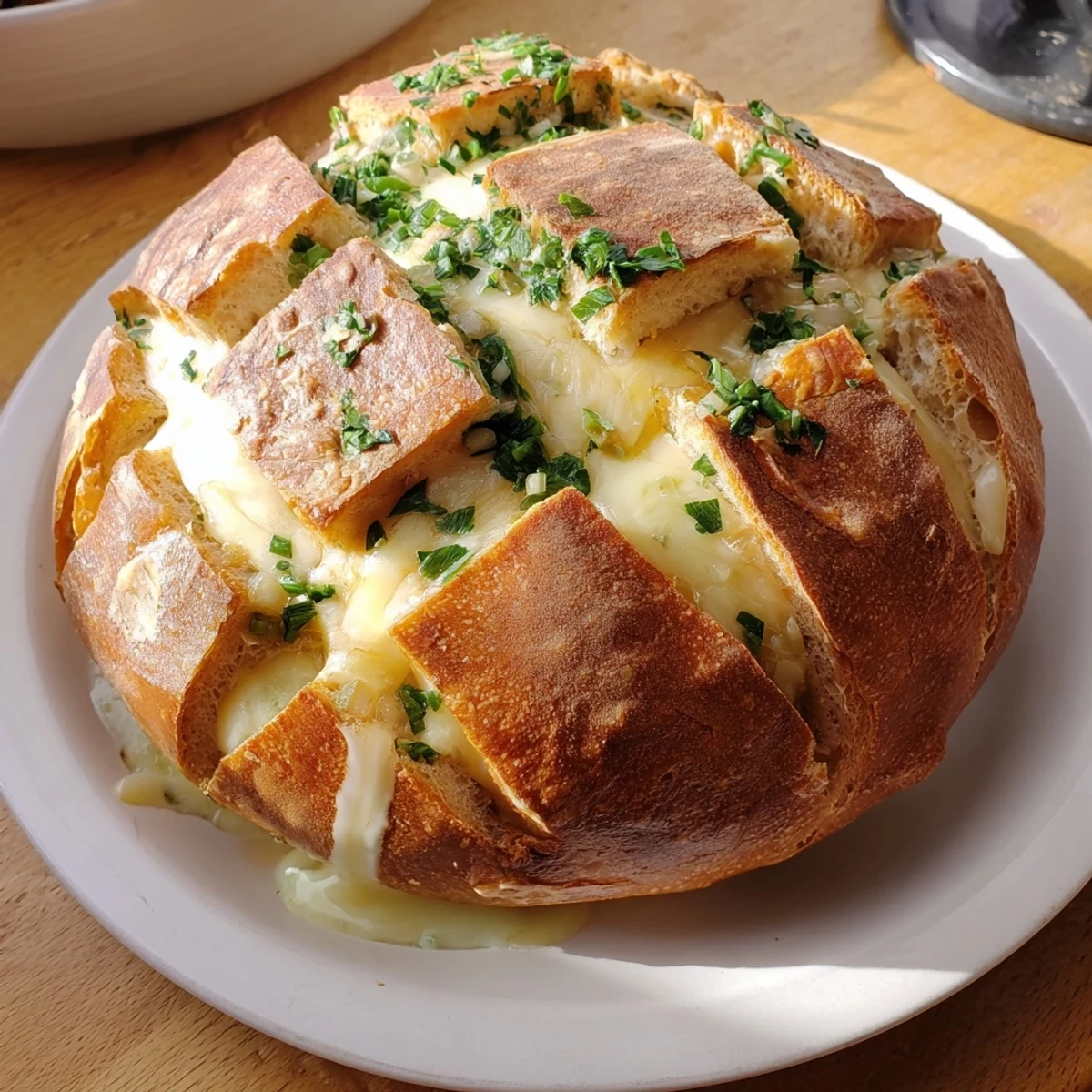 Golden, cheesy garlic pull-apart bread, perfectly bubbly, ready to be pulled apart with friends and family.