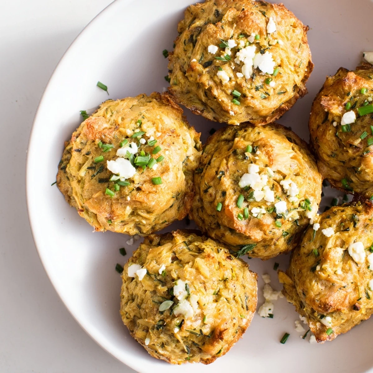 Golden-brown Savory Zucchini and Feta Muffins, perfectly baked, ready for a delicious brunch.