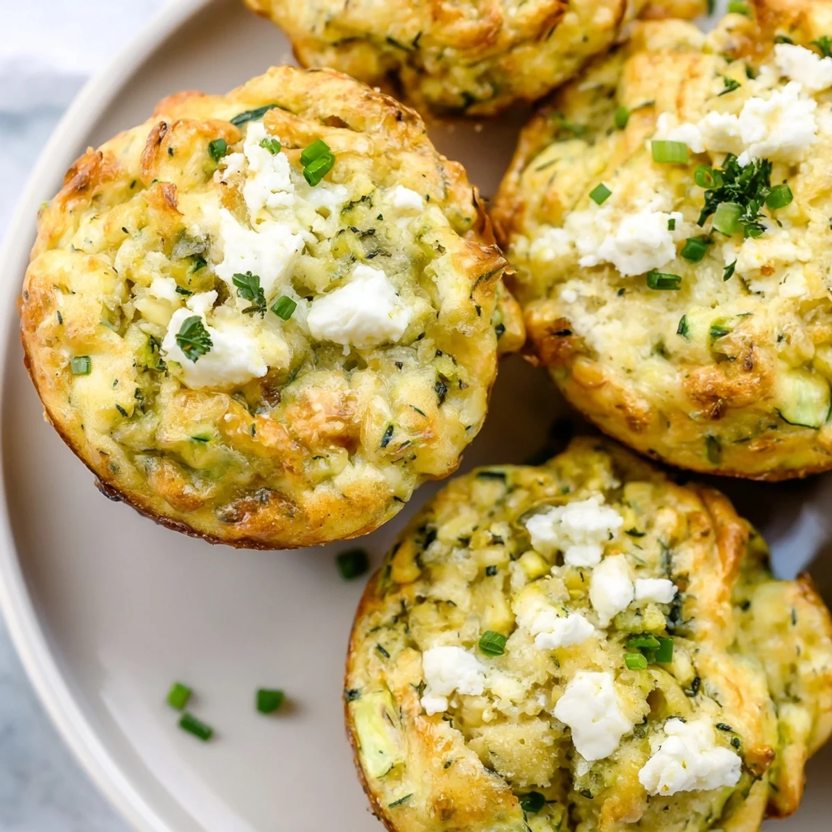 Freshly baked Savory Zucchini and Feta Muffins showcasing the zucchini, feta, and herbs within.