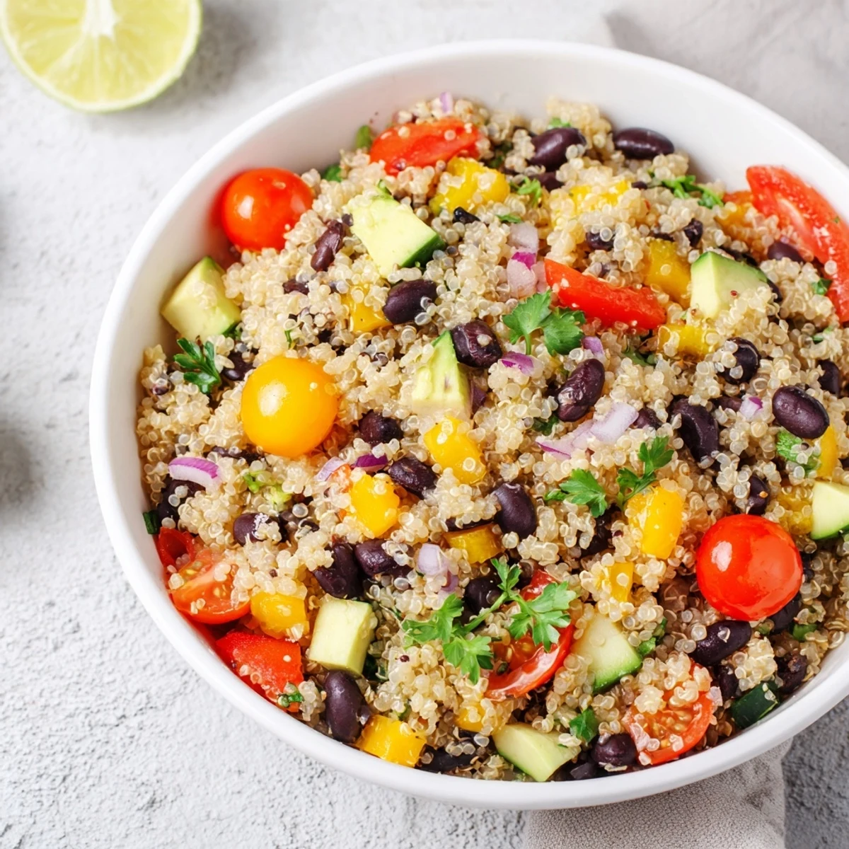 This vibrant quinoa and black bean salad features a zesty lime dressing, ready to enjoy.