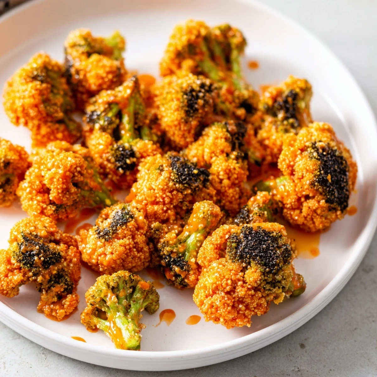 Golden, crispy Air-Fryer Buffalo Cauliflower Bites glistening with spicy buffalo sauce, ready to serve.