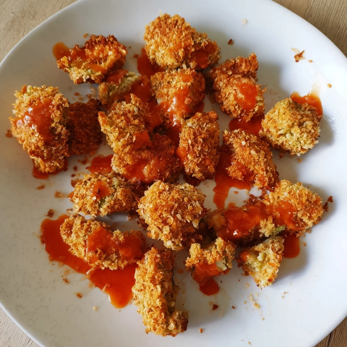 A platter of Air-Fryer Buffalo Cauliflower Bites, showing perfect crispiness, with a swirl of buffalo sauce.