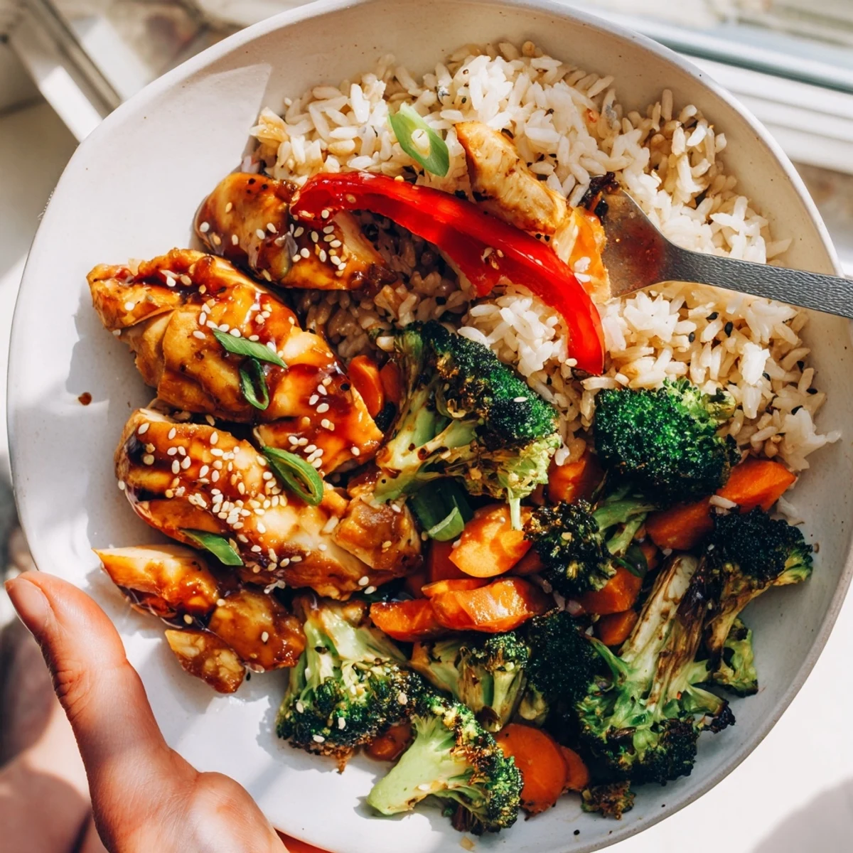 One-Pot Teriyaki Chicken and Rice Bake with golden chicken and steamed vegetables in a bubbly teriyaki sauce.