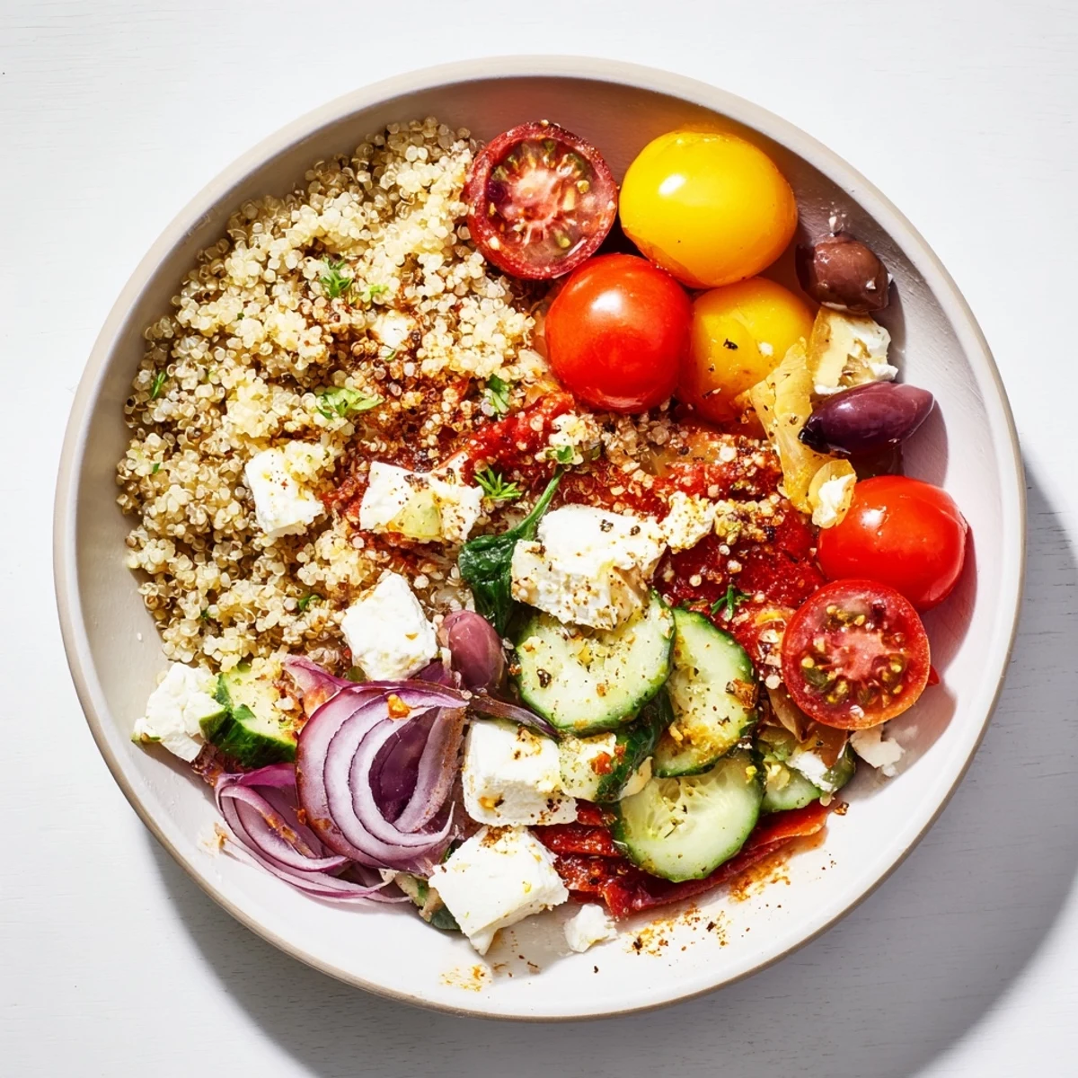 Mediterranean Grain Bowl with Roasted Chickpeas and Feta, a colorful bowl of grains and vegetables, ready to eat.
