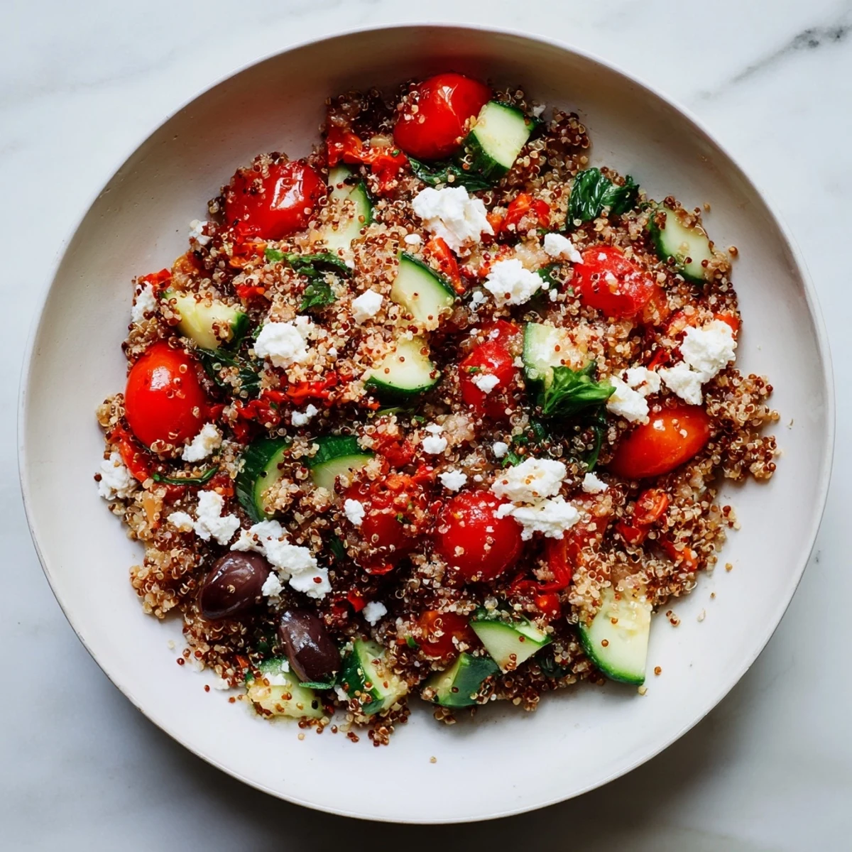 Close-up of a flavorful Mediterranean Grain Bowl with roasted chickpeas, feta, and fresh herbs, a delicious, healthy dish.