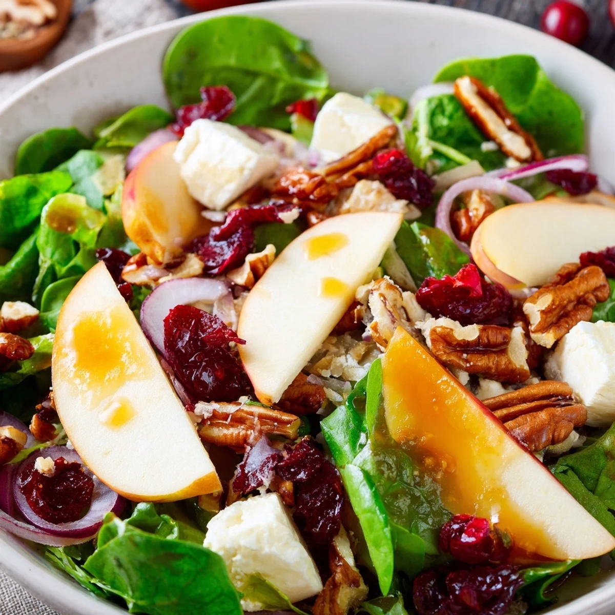 Festive Seasonal Cranberry and Walnut Celebration Salad with bright red cranberries and tossed greens.