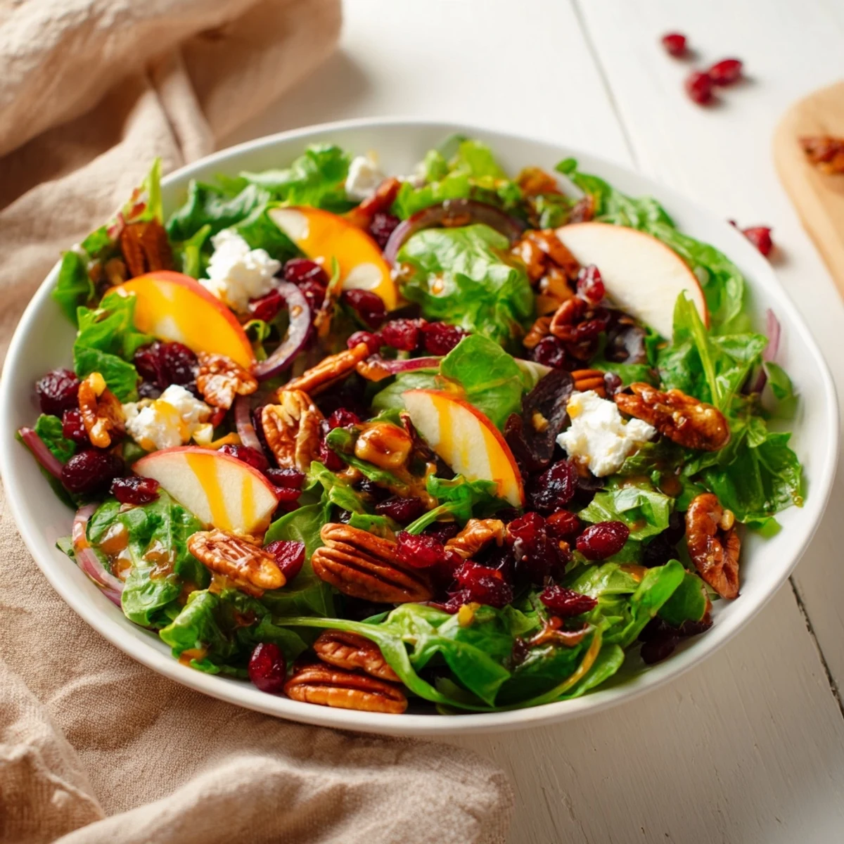 A close-up view of the ingredients in a Seasonal Cranberry and Walnut Celebration Salad, ready to eat.