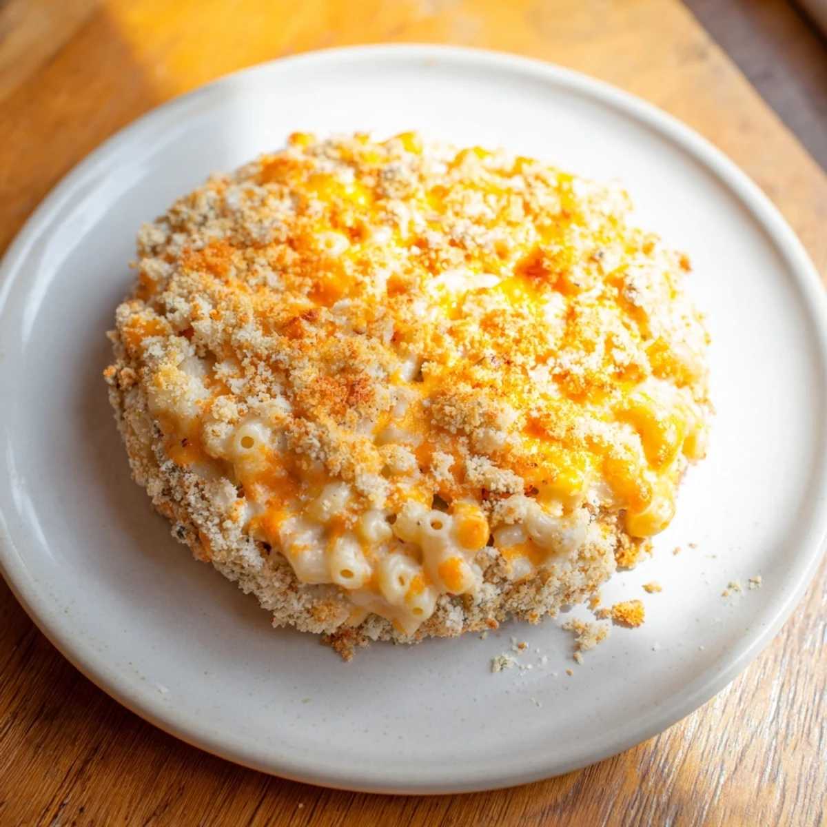 Golden-brown topping on creamy, bubbly Classic Oven-Baked Macaroni and Cheese, ready to serve and enjoy.