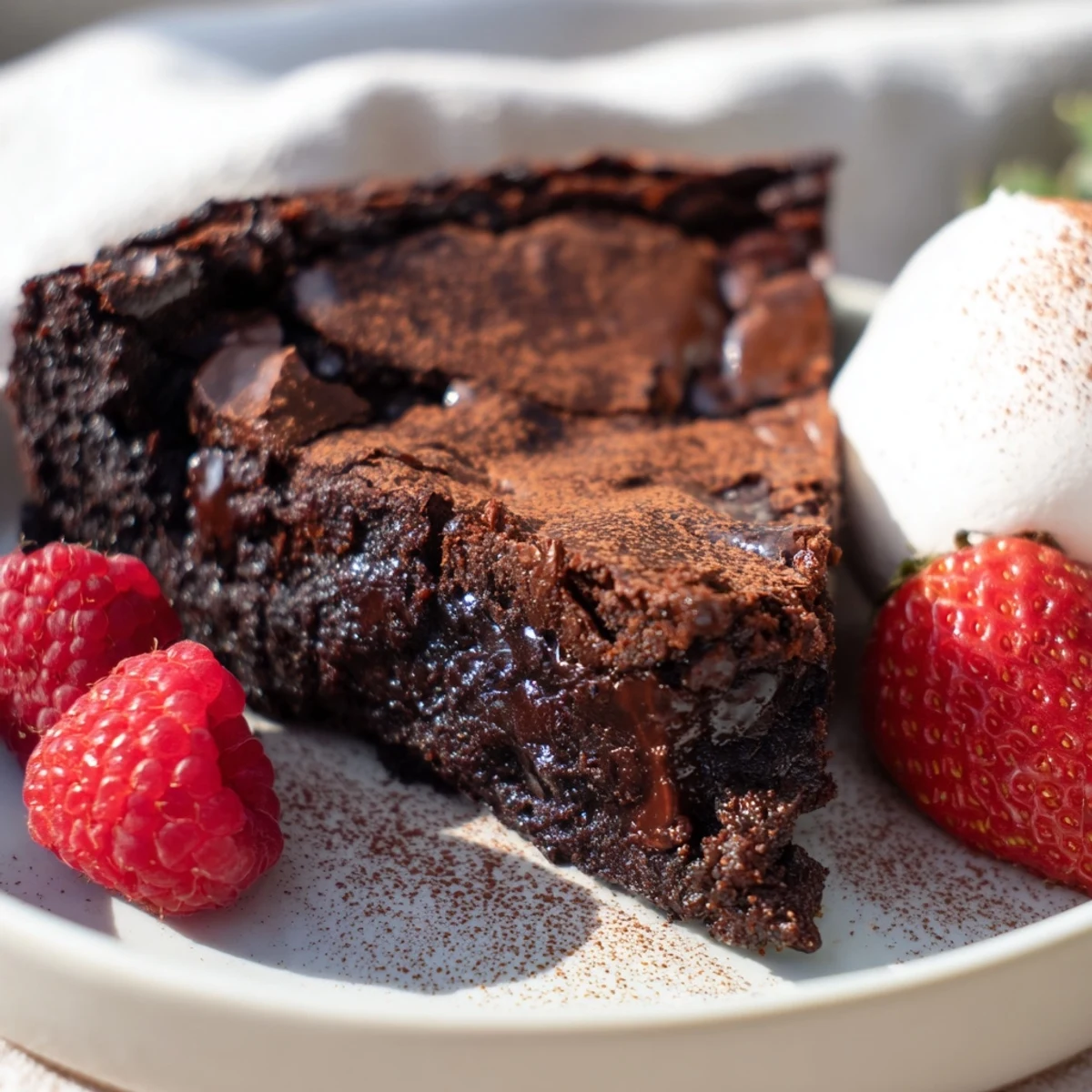 Close-up of a rich Decadent Dark Chocolate Brownie Tart, with a perfectly baked, fudgy center.