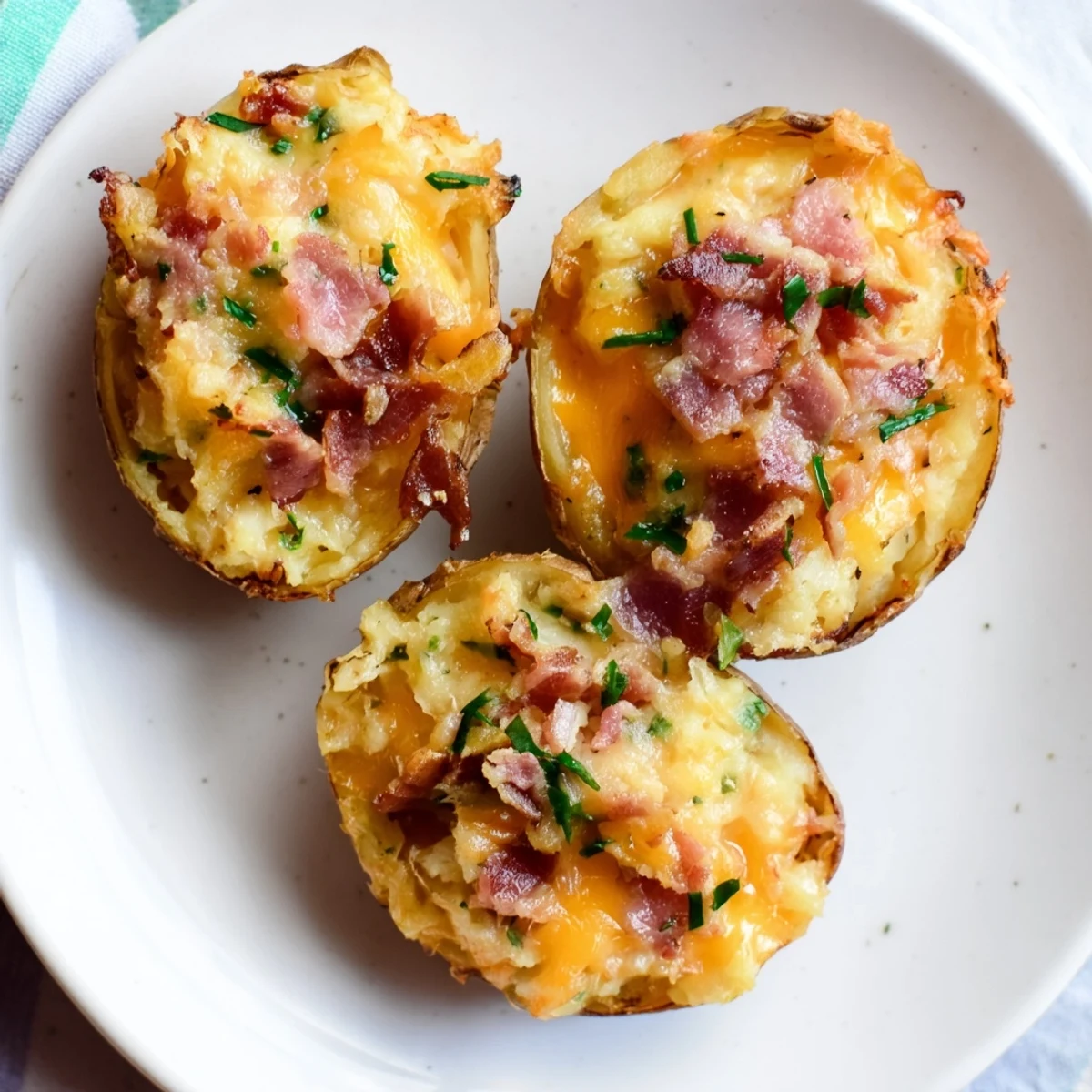 Golden, bubbly Loaded Sweet Potato Skins topped with crisp bacon and fresh green chives visible.
