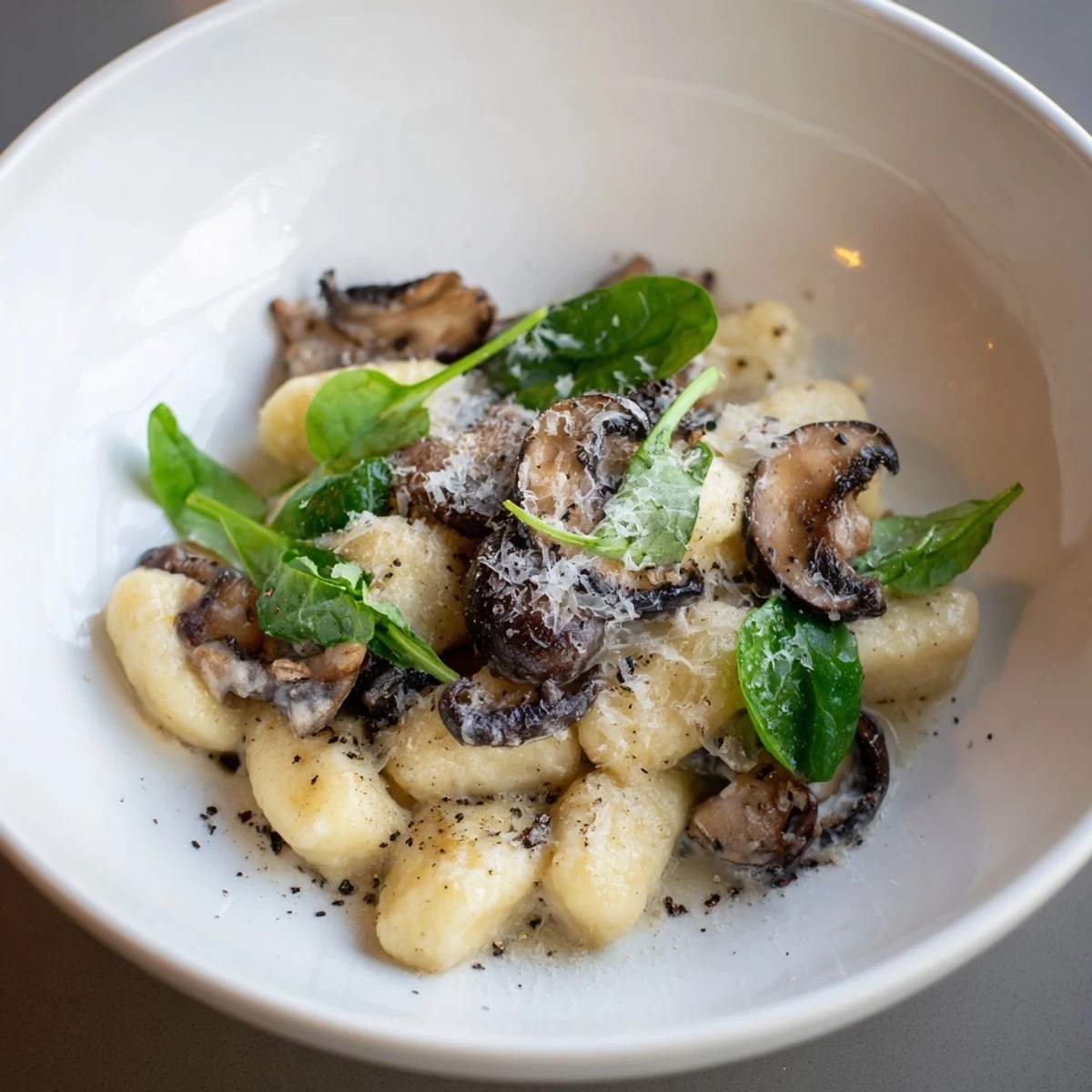 One-Dish Creamy Mushroom and Spinach Gnocchi, a comforting vegetarian Italian meal bursting with flavor.