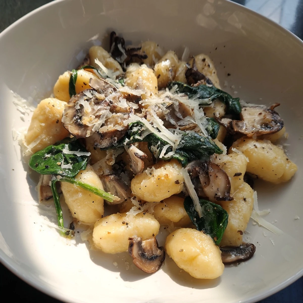 This One-Dish Creamy Mushroom and Spinach Gnocchi presents a rich, creamy sauce coating each pillowy gnocchi.
