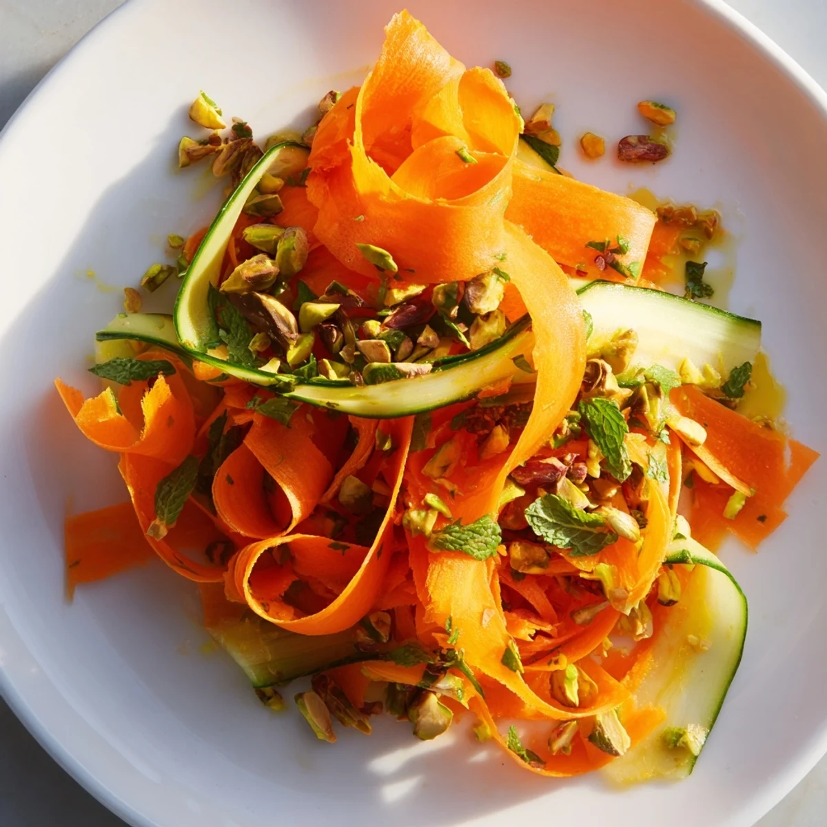 Vibrant citrus carrot ribbon salad, ribbons of carrot and cucumber glistening in a light honey lemon dressing.