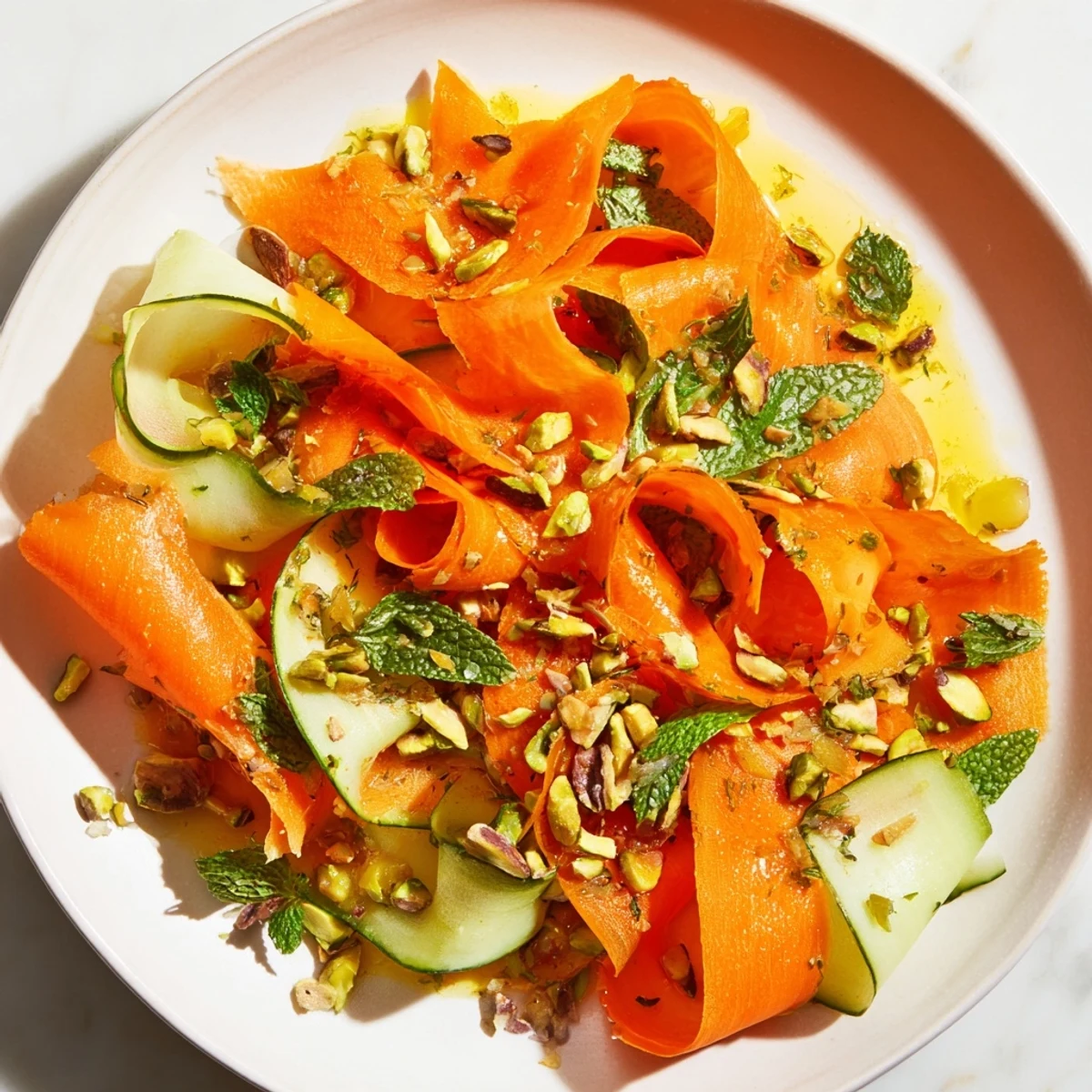 A refreshing close-up of the citrus carrot ribbon salad, ready to serve with optional chopped nuts.