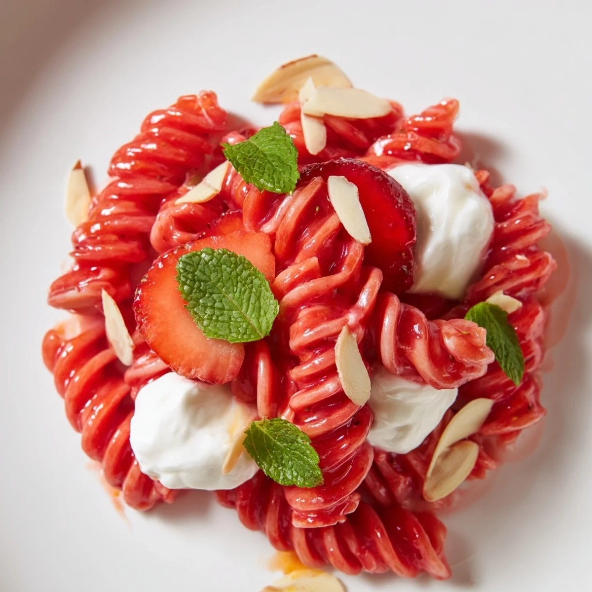 Sweet Strawberry Yogurt Pasta, a colorful summer dessert, featuring fresh strawberry sauce and yogurt.