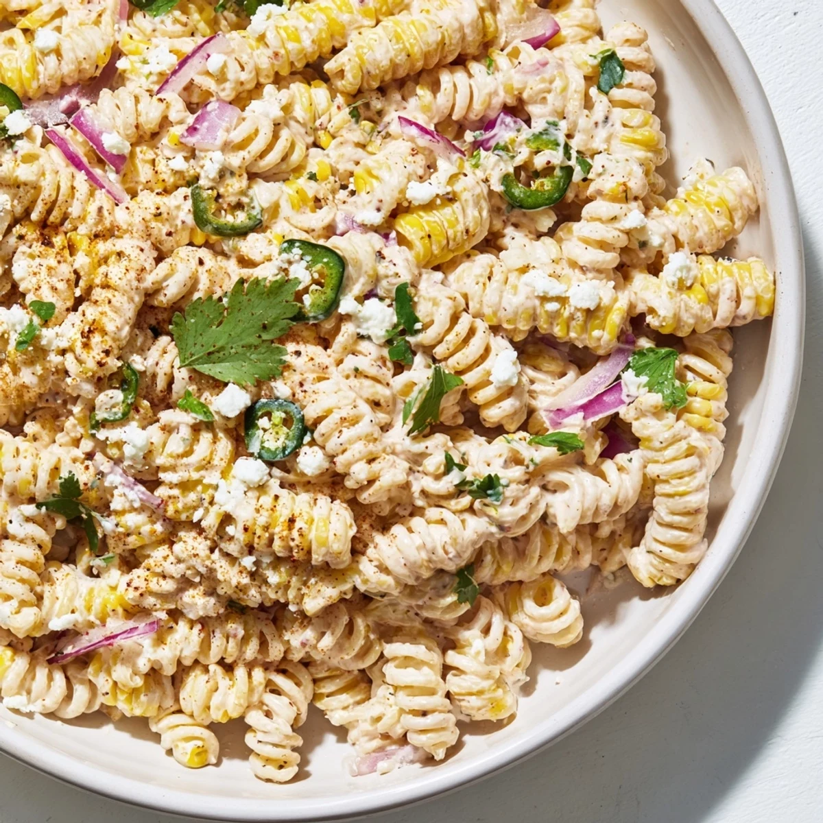 A close-up of creamy Street Corn Pasta Salad, showing vibrant charred corn kernels and cheese.