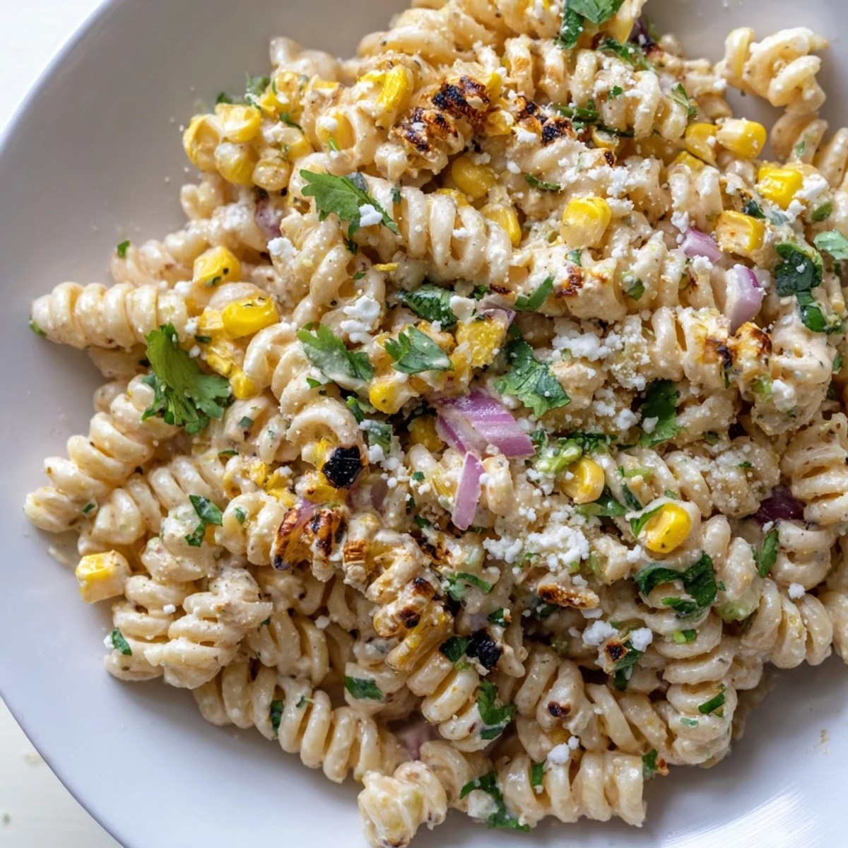 This refreshing Street Corn Pasta Salad features tender pasta coated in a creamy, flavorful dressing.