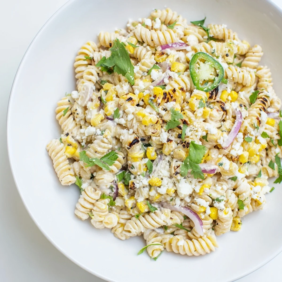 Enjoy a colorful bowl of Street Corn Pasta Salad, perfect for summer barbecues or a quick lunch.