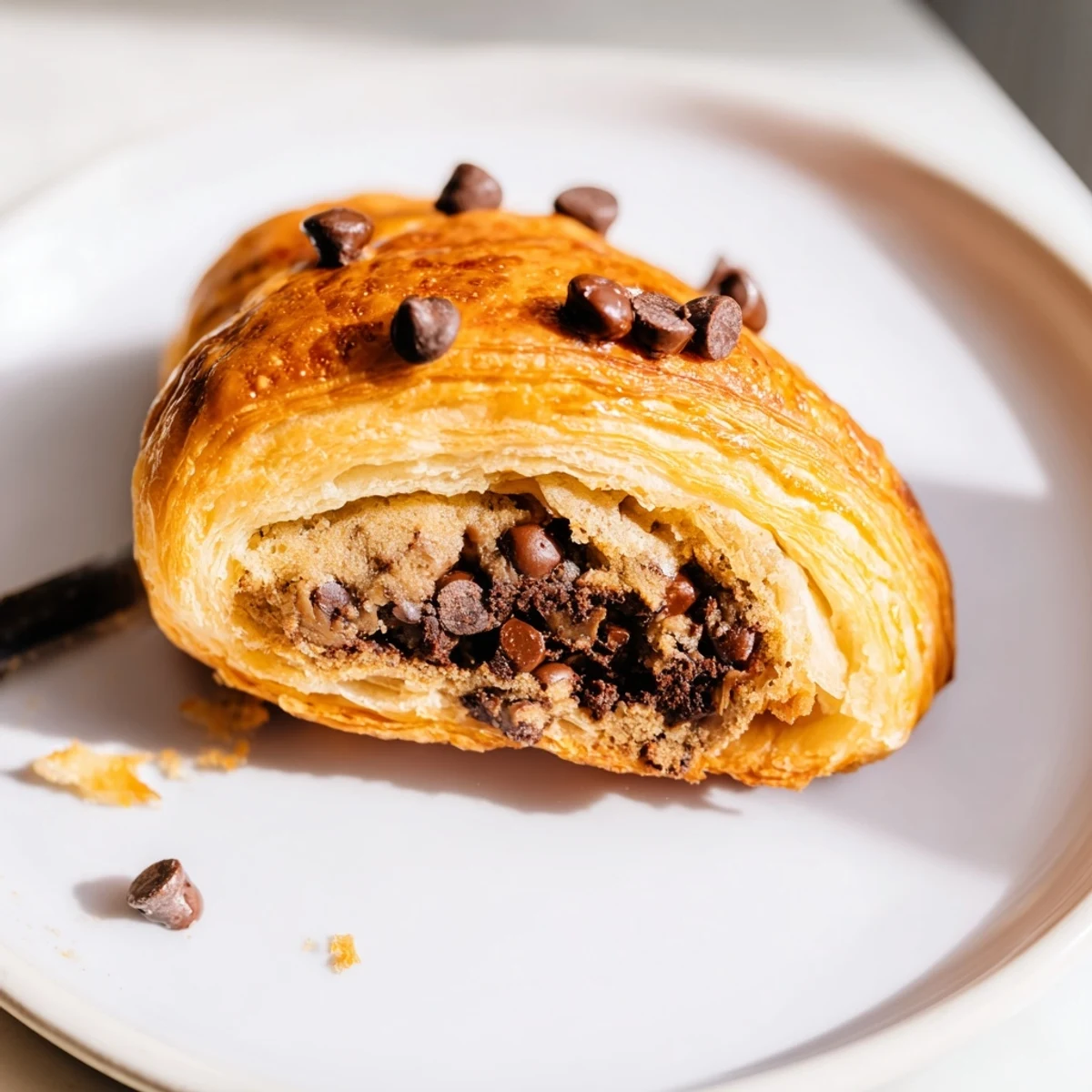 Warm, golden Chocolate Cookie Croissants with a melted chocolate chip cookie dough filling, ready to eat.