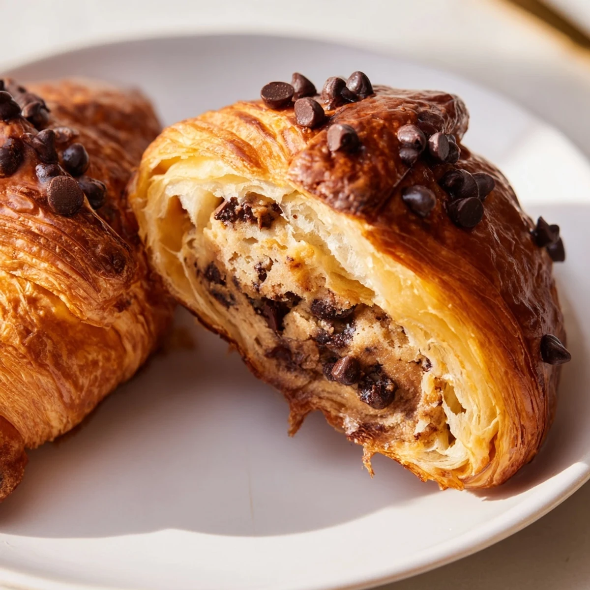 Flaky, buttery Chocolate Cookie Croissants fresh from the oven, offering a delightful fusion of textures.
