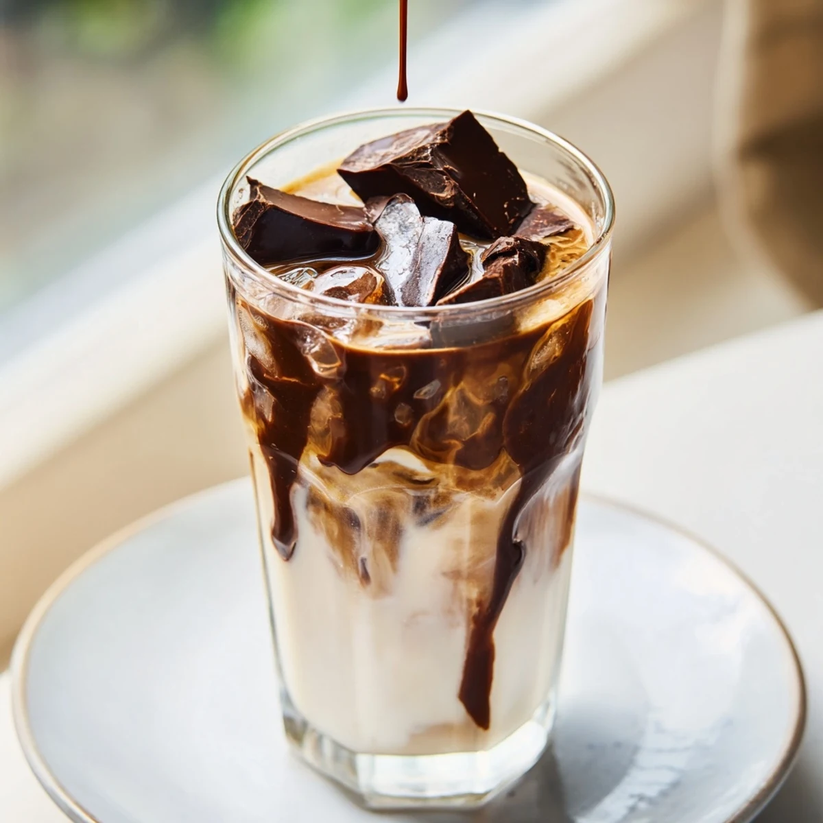 Enjoy a layered Chocolate Cracking Iced Latte, featuring creamy milk, espresso, and chocolate that cracks.