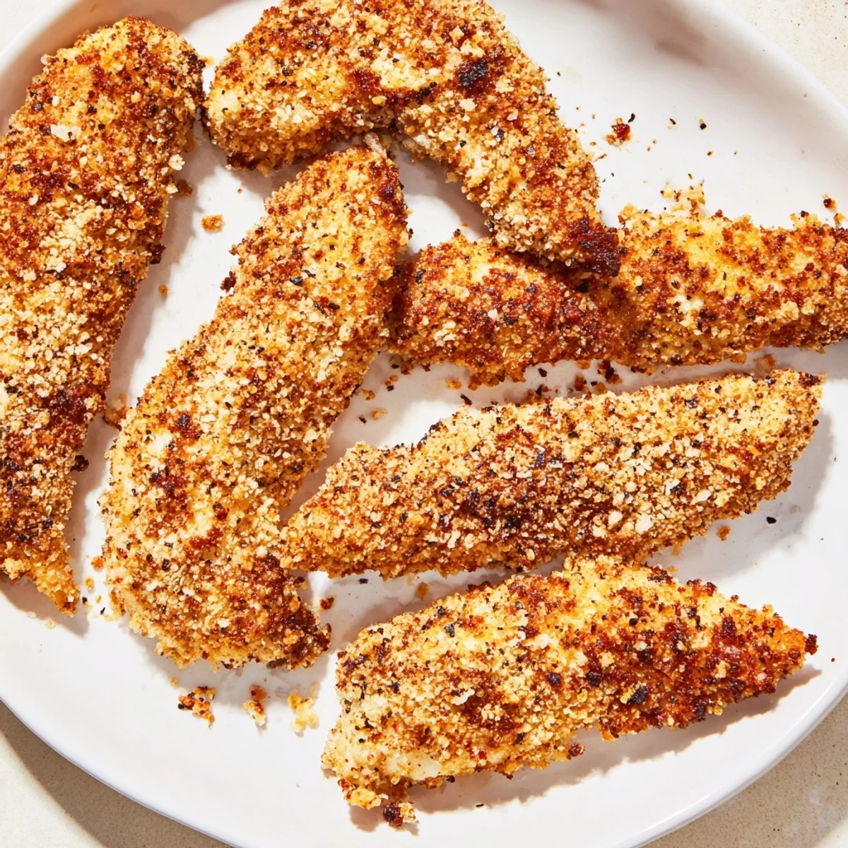 Close-up of perfectly cooked crispy air-fried chicken tenders, with a delicious golden-brown crust.