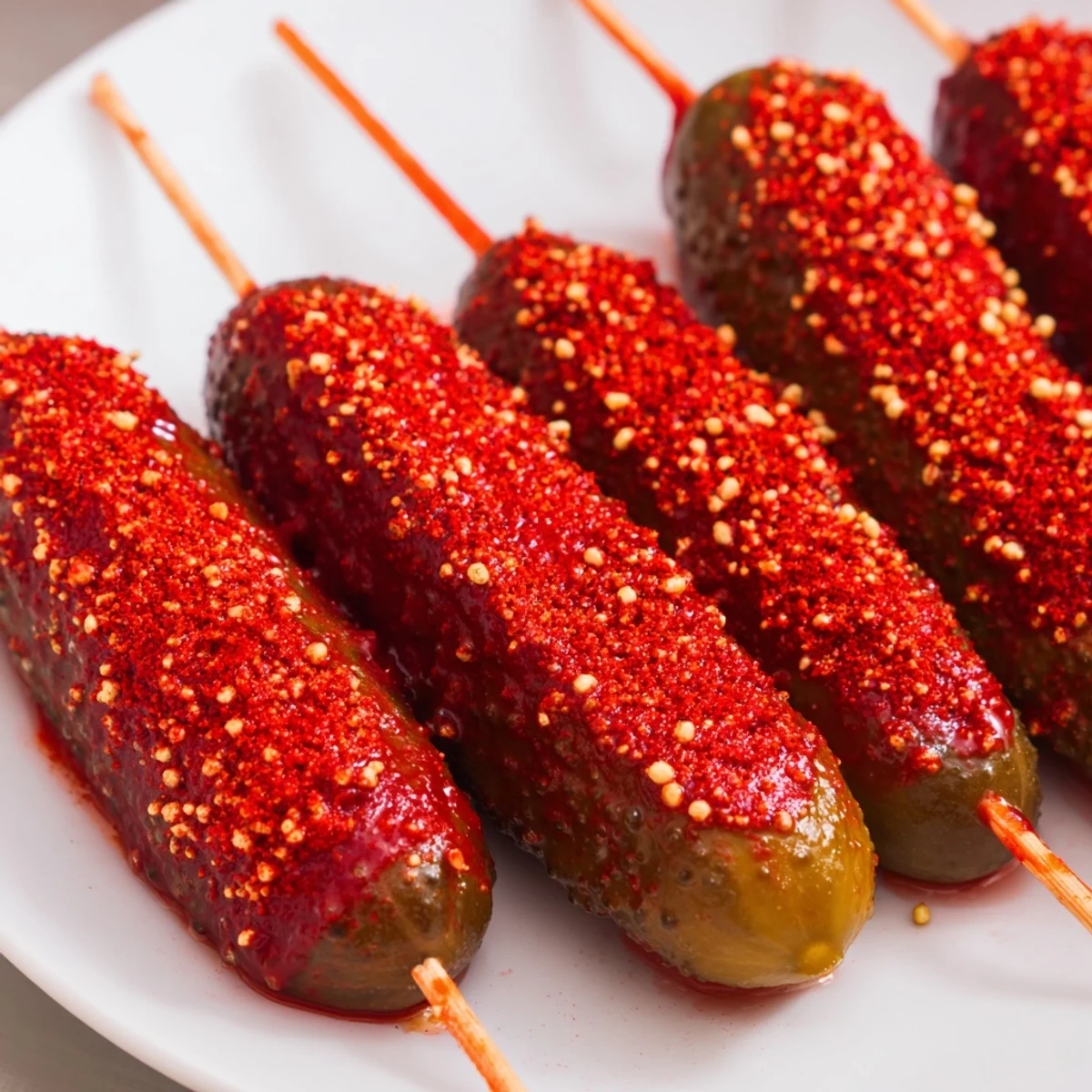 Bright red Chamoy-Tajín pickle sticks, with a dusting of Tajín, offer a zesty, sweet-spicy crunch.