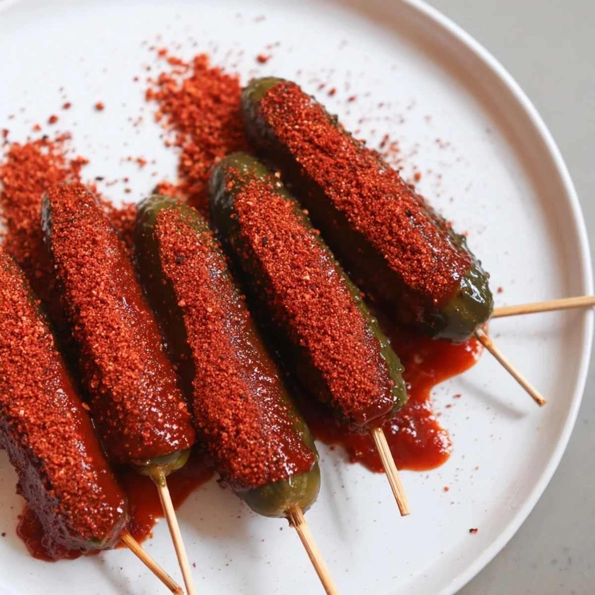 Crisp Chamoy-Tajín pickle sticks, visually vivid with a shiny chamoy glaze, ready to snack on.