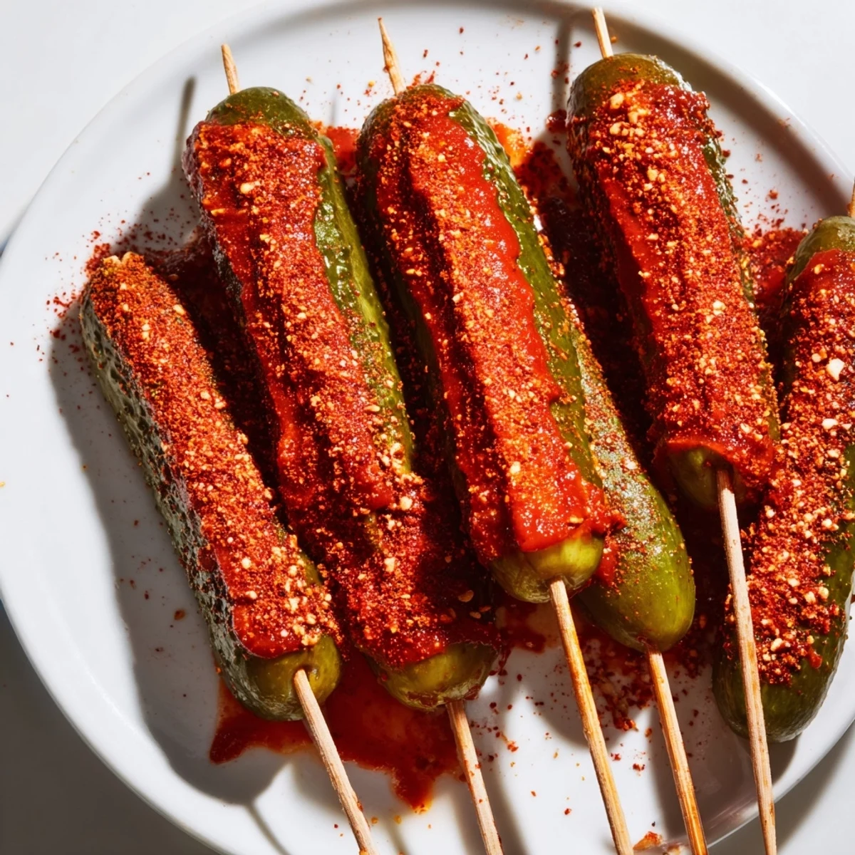 Close-up of vibrant, coated Chamoy-Tajín pickle sticks, perfect for a refreshing Mexican-inspired snack.