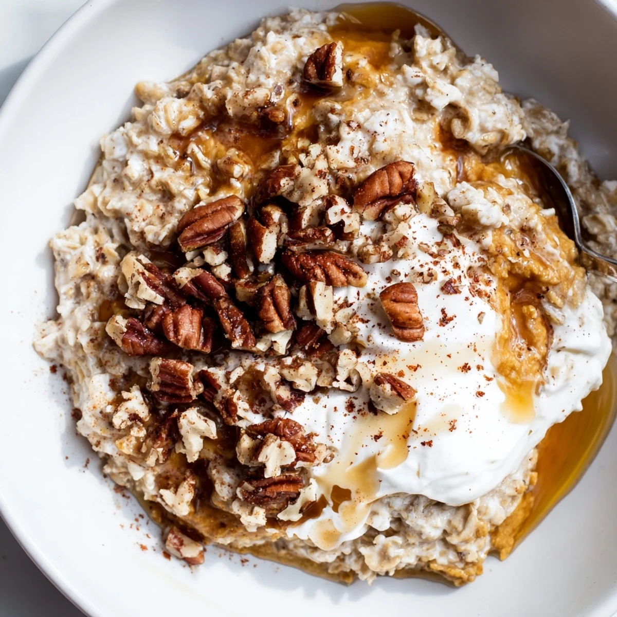 Steaming bowl of pumpkin spice latte oats with warm cinnamon and a swirl of creamy yogurt.