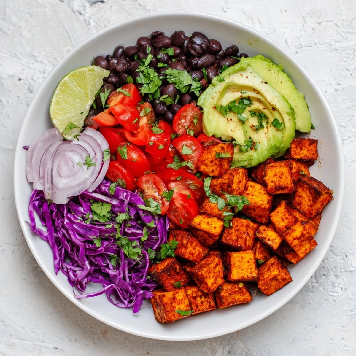 A delicious overhead view of sweet potato taco bowls, loaded with roasted vegetables and zesty dressing.