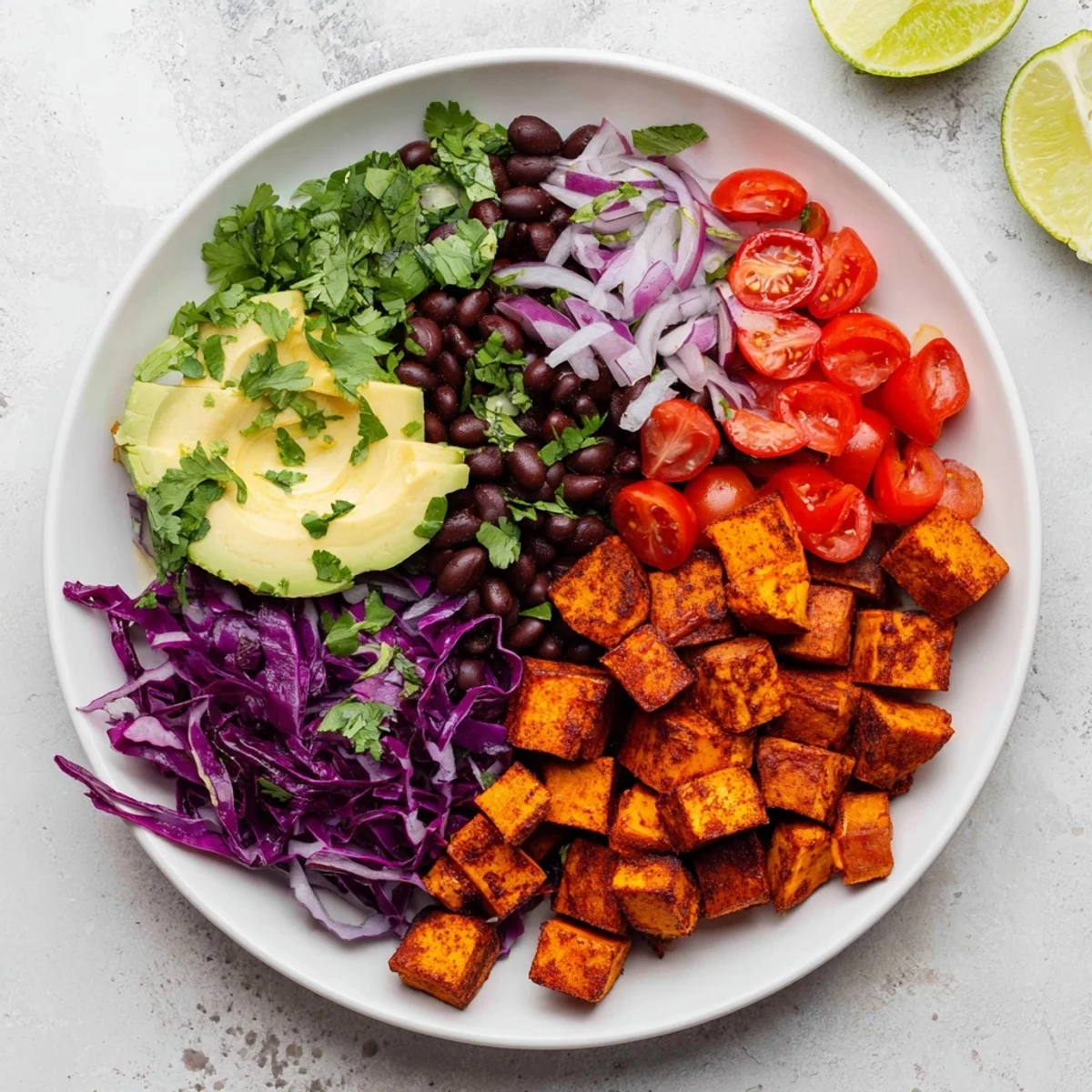 Golden-brown sweet potato taco bowls, a colorful vegan meal topped with fresh cilantro and avocado.