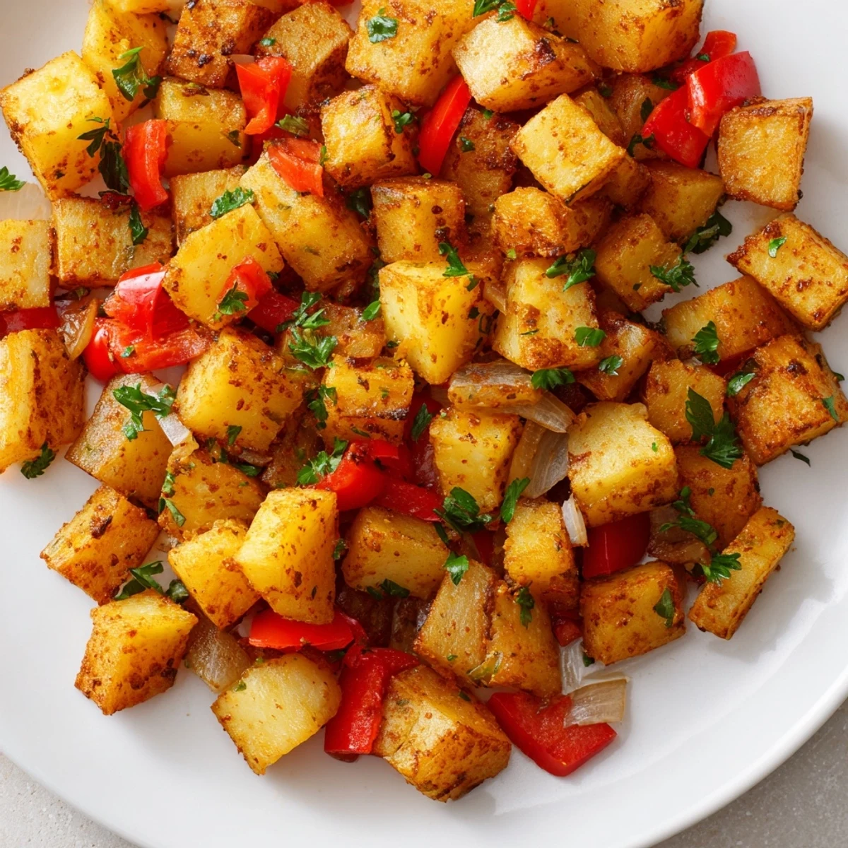 A bowl of hot, flavorful air fryer breakfast potatoes, speckled with herbs and ready to serve.