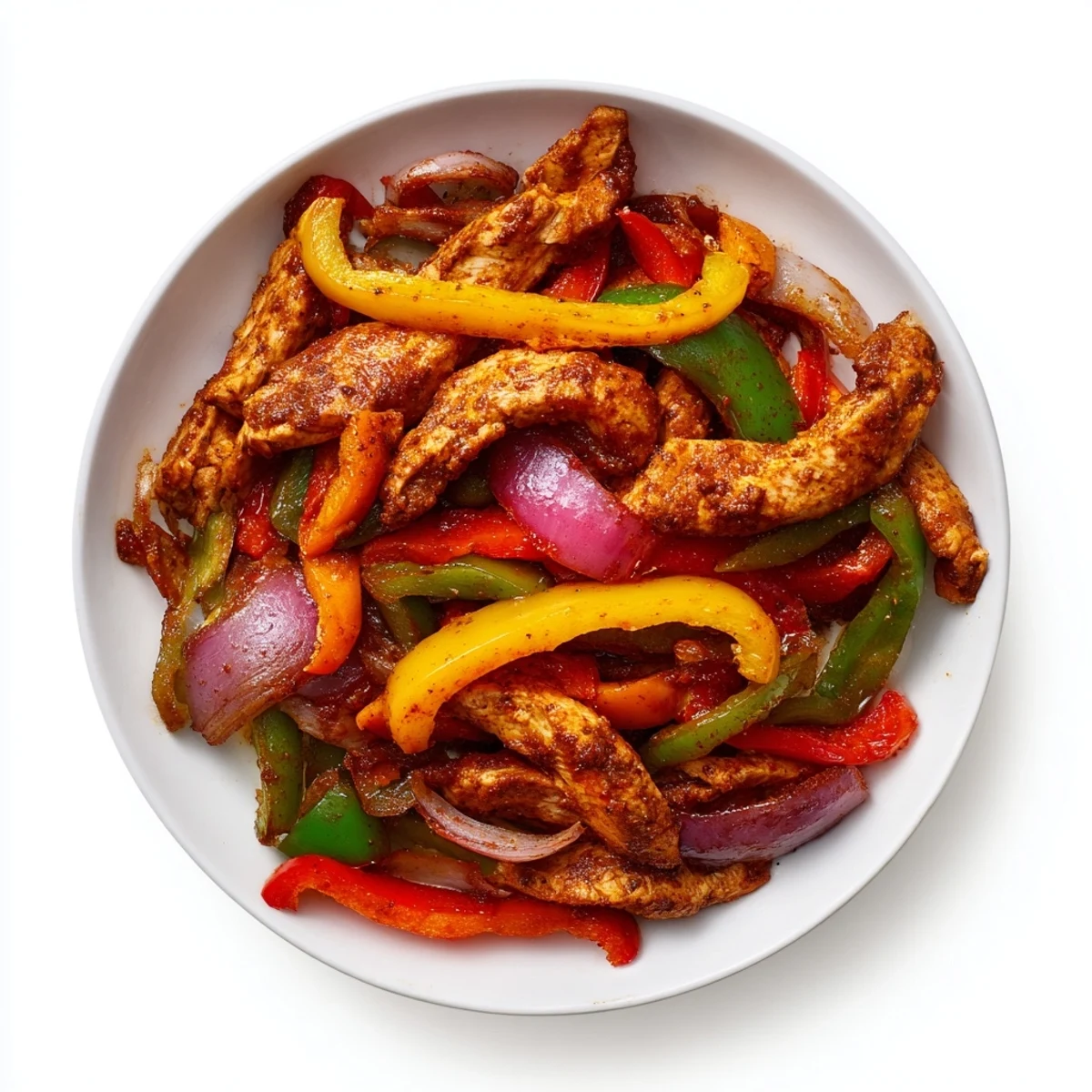A close-up of a flavorful Chicken Fajita Sheet Pan, sizzled chicken strips and peppers offer warm aroma.