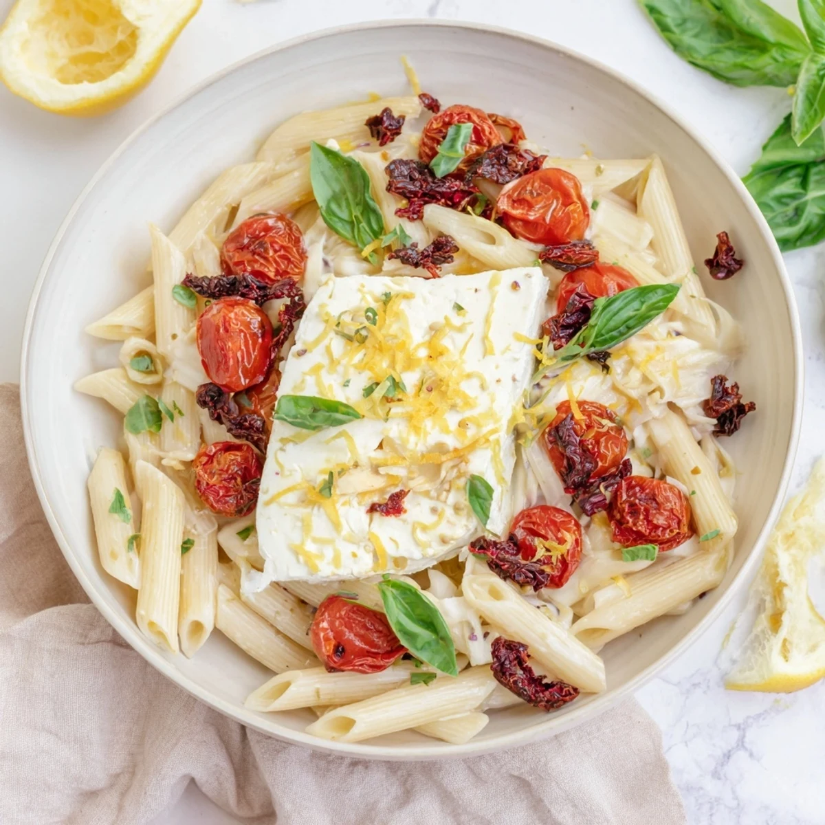 Baked Feta Pasta, a creamy, golden dish, features roasted tomatoes and melted feta cheese.