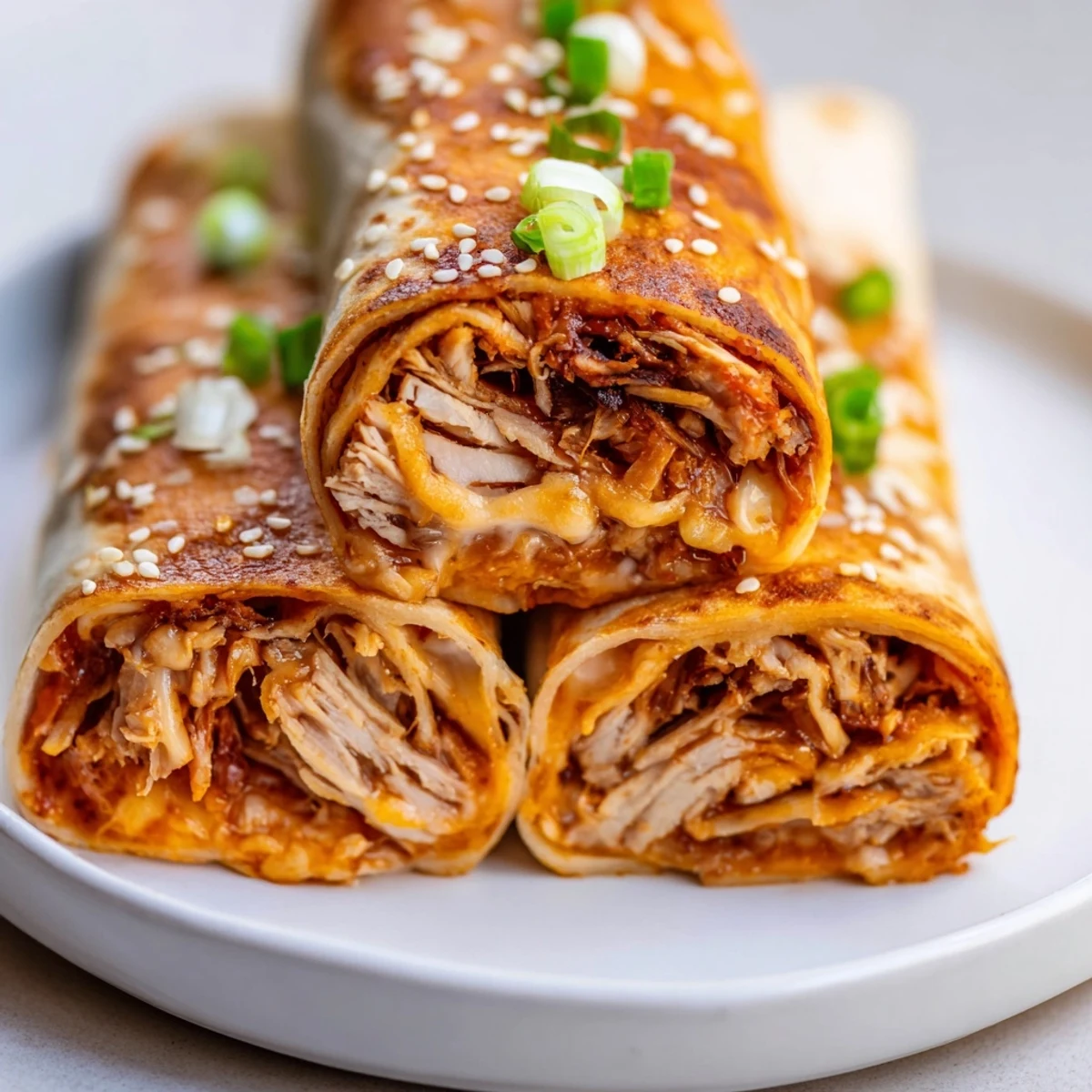 Golden-brown Korean BBQ Chicken Wrap Grilled Cheese, oozing melted cheese with a flaky, crispy tortilla.