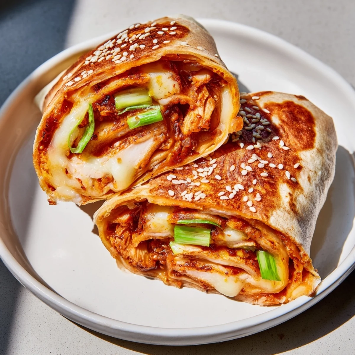 Hot, cheesy Korean BBQ Chicken Wrap Grilled Cheese with sesame seeds and scallions, ready to slice.