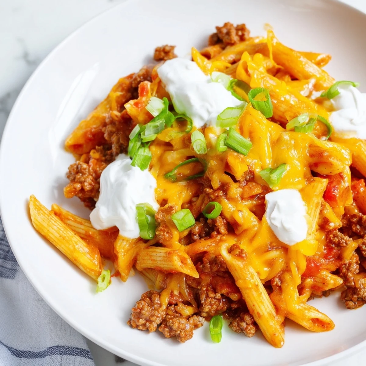 One-Pot Taco Pasta, a bubbling skillet of cheesy pasta with ground beef and tomatoes.