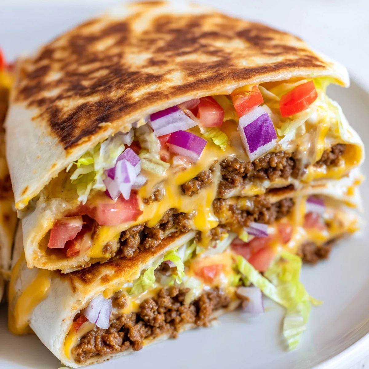Close-up of a golden, grilled Taco Bell Crunchwrap Supreme, oozing cheese and filled with savory beef.