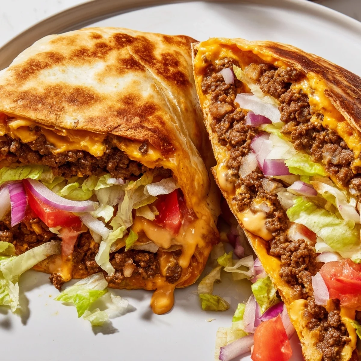 Halved Taco Bell Crunchwrap Supreme with a visible, delicious cross-section showcasing all the tasty fillings.