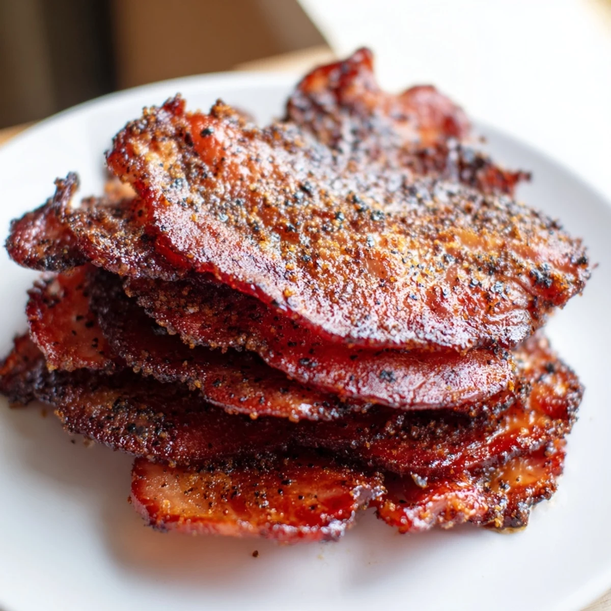 Golden, crispy Snoop Dogg Billionaire Bacon with a caramelized sugar crust, perfect for brunch.