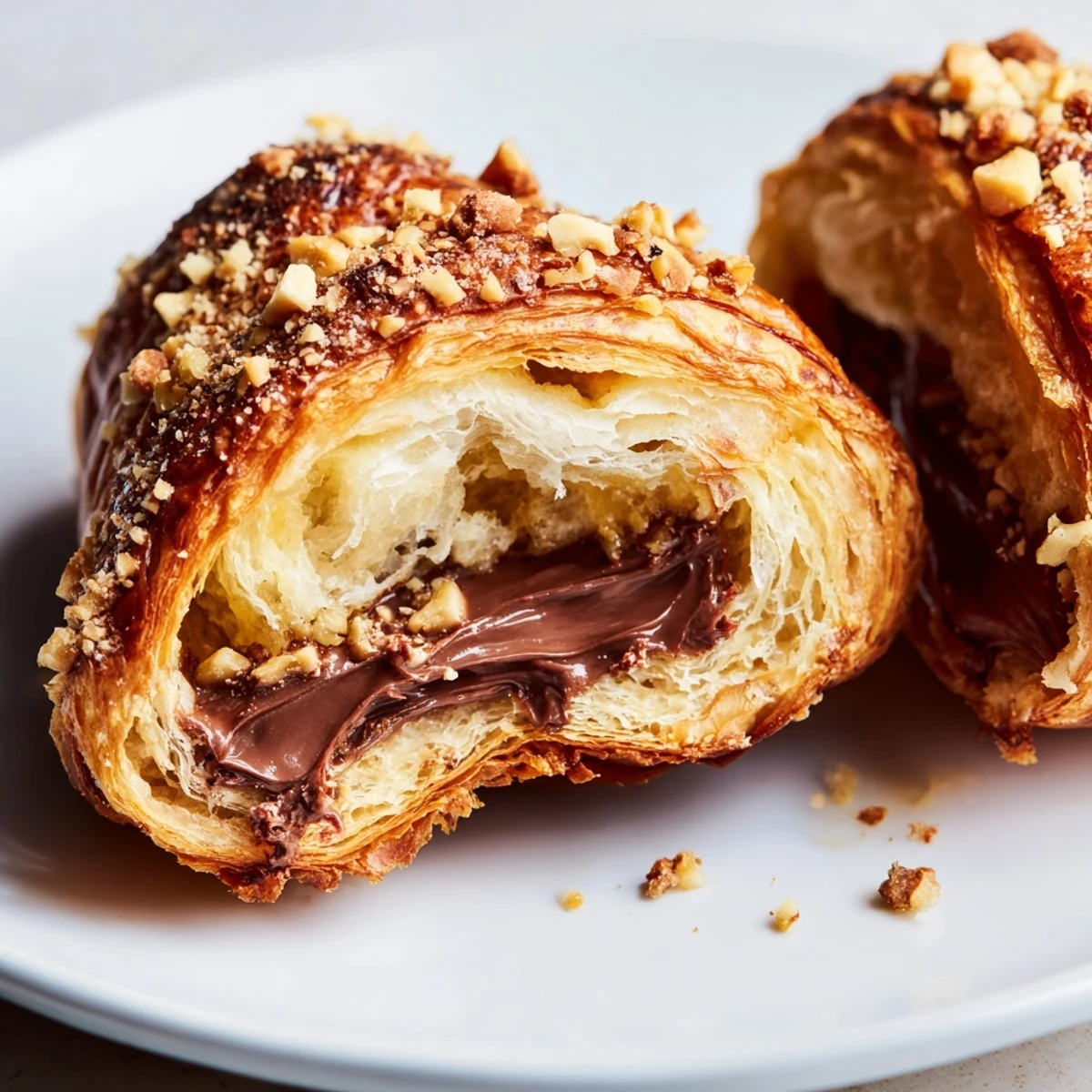 Flaky, golden-brown 3-Ingredient Nutella croissants, a delightful dessert with oozing hazelnut spread, ready to enjoy.
