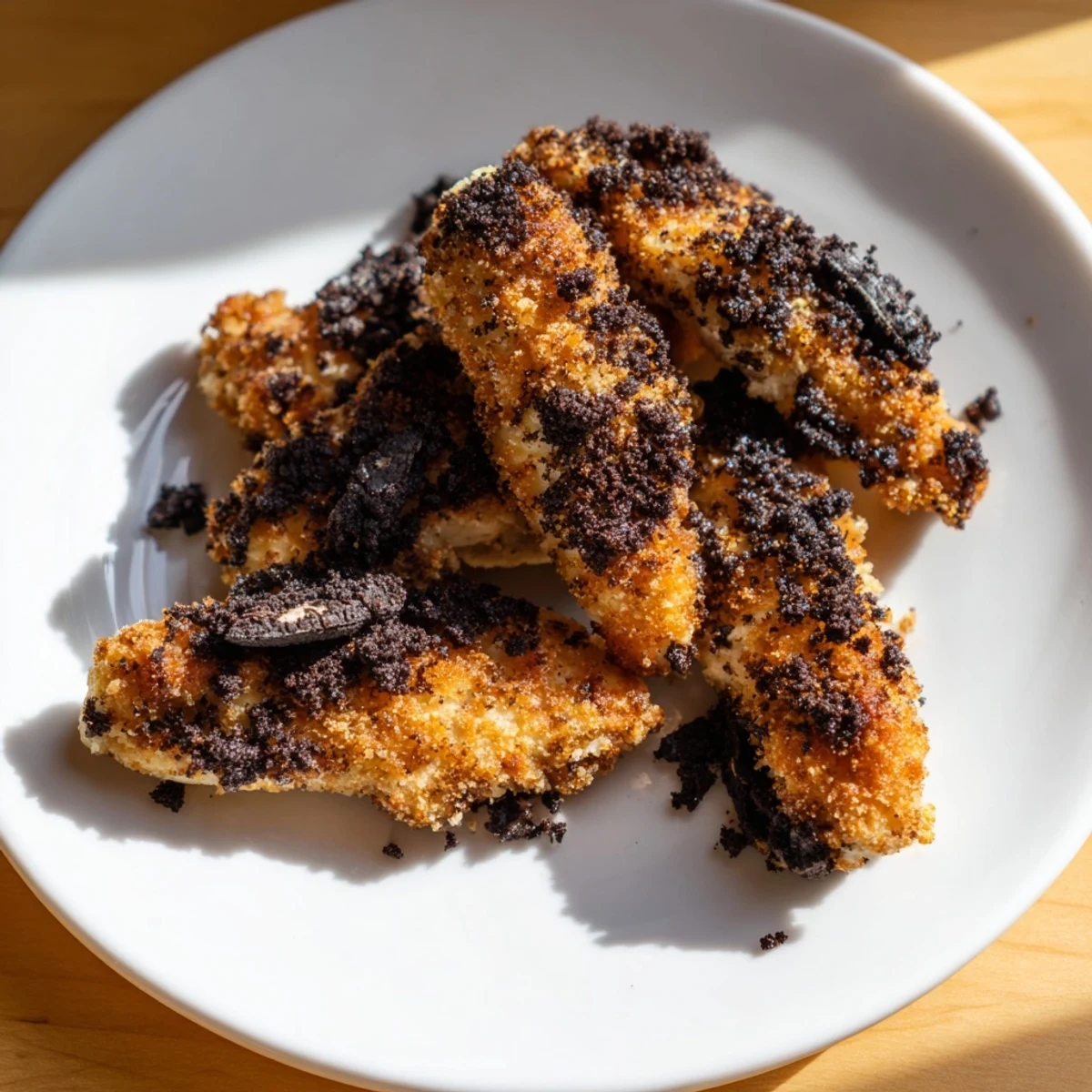 Golden-fried DIY KFC Oreo Krusher-inspired chicken tenders, crispy and coated with sweet Oreo crumbs.