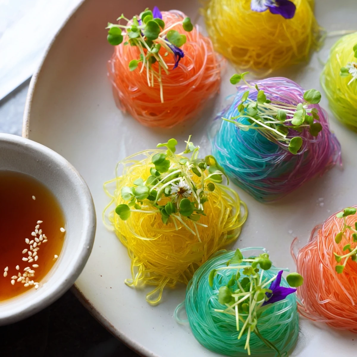 Vibrant neon noodle clouds, served chilled with a savory dipping sauce, ready to enjoy.